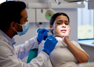 girl at dentists because of tooth pain